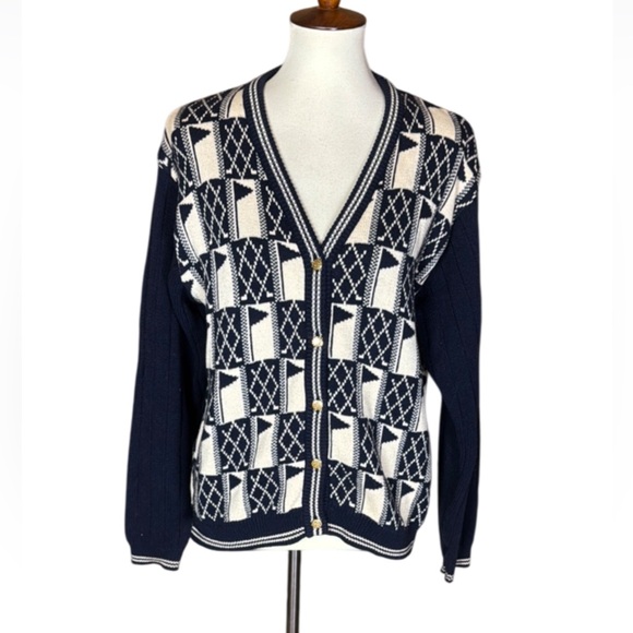 Izod golf theme cardigan sweater Dark blue and cream Size Medium - Picture 1 of 11